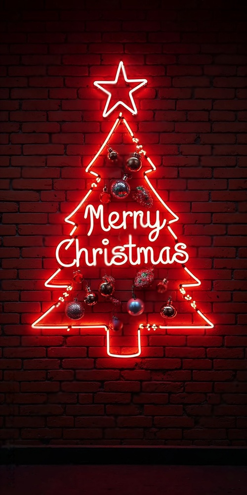 a neon christmas tree with ornaments