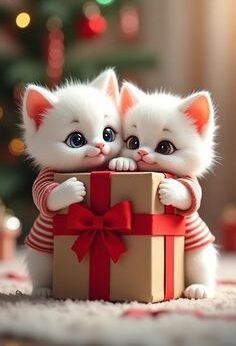 two white kittens hugging a gift box