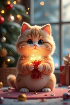 a cat holding a firecracker